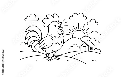 Dawn rooster crow stroke illustration cute kids coloring book style. Fun and wholesome theme made for children