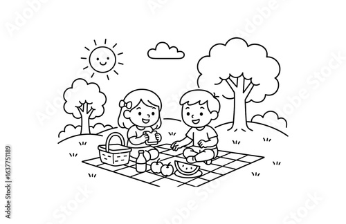 Sunny park picnic illustration cute kids coloring book style. Simple easy to color design with minimal details friendly characters and objects clean black outlines and large open shapes.