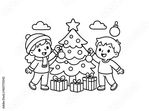 Christmas tree decorating illustration cute kids coloring book style. Simple easy to color design with minimal details friendly characters and objects clean black outlines and large open
