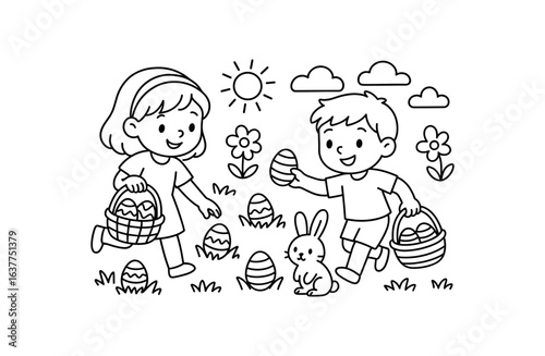 Easter egg hunt illustration cute kids coloring book style. Simple easy to color design with minimal details friendly characters and objects clean black outlines and large open shapes. Fun
