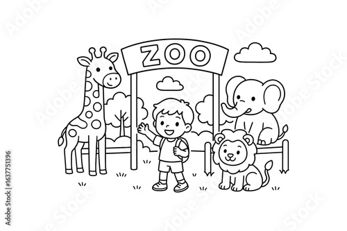 Zoo animal visit illustration cute kids coloring book style. Simple easy to color design with minimal details friendly characters and objects clean black outlines and large open shapes. Fun