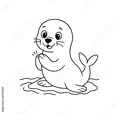 Sea lion clapping stroke illustration cute kids coloring book style. Fun and wholesome theme made for children