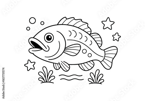 Bass fish stroke illustration cute kids coloring book style. Fun and wholesome theme made for children