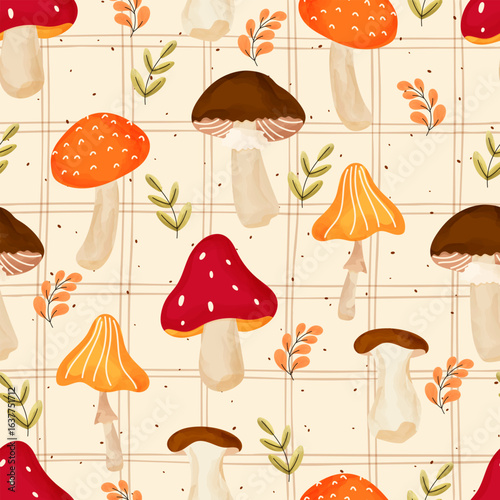 Hand-drawn vector seamless pattern autumn composition with mushrooms, leaves, and thanksgiving elements. Perfect for Halloween, Thanksgiving, seasonal textiles and childrens products