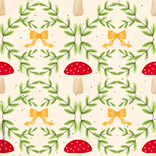 Hand-drawn vector seamless pattern autumn composition with mushrooms, leaves, and thanksgiving elements. Perfect for Halloween, Thanksgiving, seasonal textiles and childrens products