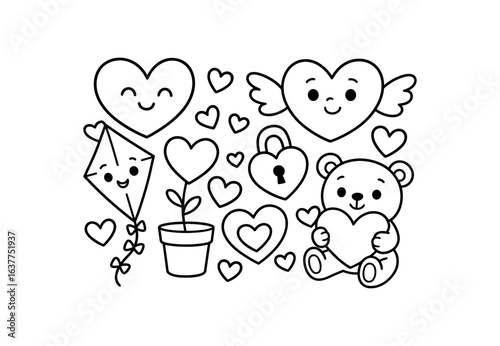 Valentine Day hearts stroke illustration cute kids coloring book style. Fun and wholesome theme made for children