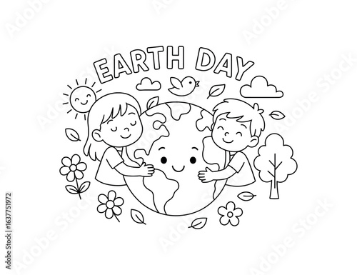 Earth Day globe stroke illustration cute kids coloring book style. Fun and wholesome theme made for children