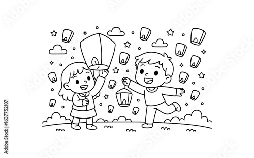 Lantern Festival sky stroke illustration cute kids coloring book style. Fun and wholesome theme made for children