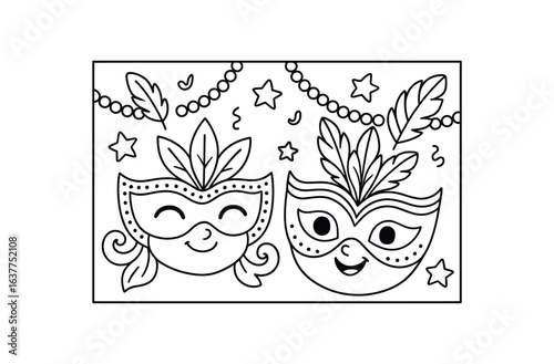 Mardi Gras masks stroke illustration cute kids coloring book style. Fun and wholesome theme made for children