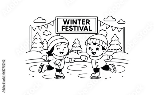 Winter Festival skating stroke illustration cute kids coloring book style. Fun and wholesome theme made for children