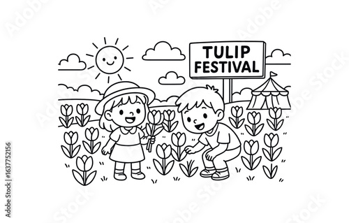 Tulip Festival field stroke illustration cute kids coloring book style. Fun and wholesome theme made for children