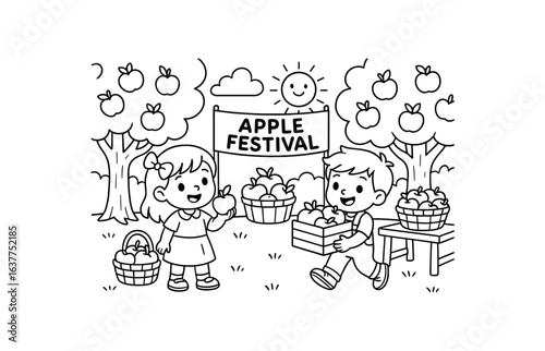 Festival orchard stroke illustration cute kids coloring book style. Fun and wholesome theme made for children