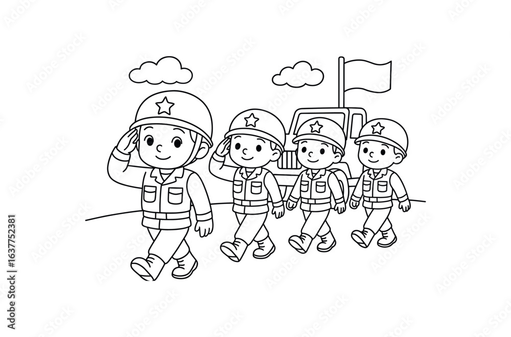 Fototapeta premium Military Parade saluting stroke illustration cute kids coloring book style. Fun and wholesome theme made for children
