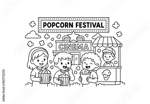 Popcorn Festival cinema stroke illustration cute kids coloring book style. Fun and wholesome theme made for children