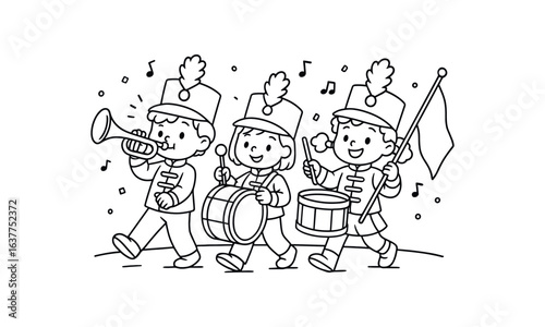 Street Parade marching band stroke illustration cute kids coloring book style. Fun and wholesome theme made for children