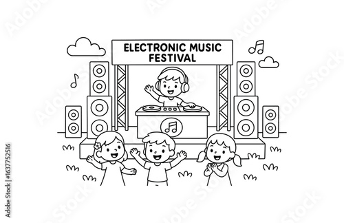 Electronic Music Festival stage stroke illustration cute kids coloring book style. Fun and wholesome theme made for children