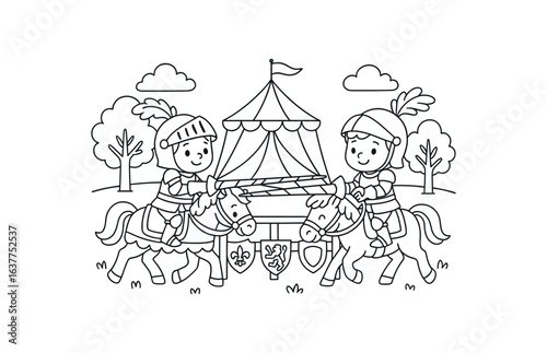 Renaissance Fair joust stroke illustration cute kids coloring book style. Fun and wholesome theme made for children