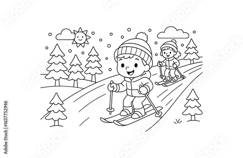 Winter ski slopes stroke illustration cute kids coloring book style. Fun and wholesome theme made for children