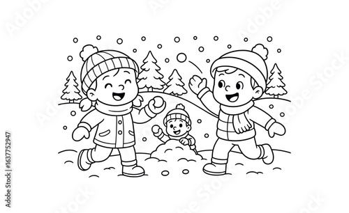 Winter snowball fight stroke illustration cute kids coloring book style. Fun and wholesome theme made for children