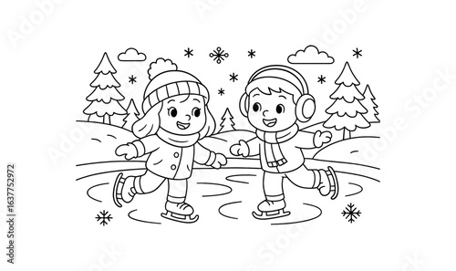 Winter frozen lake stroke illustration cute kids coloring book style. Fun and wholesome theme made for children