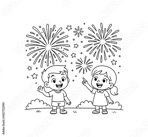 Summer fireworks display stroke illustration cute kids coloring book style. Fun and wholesome theme made for children