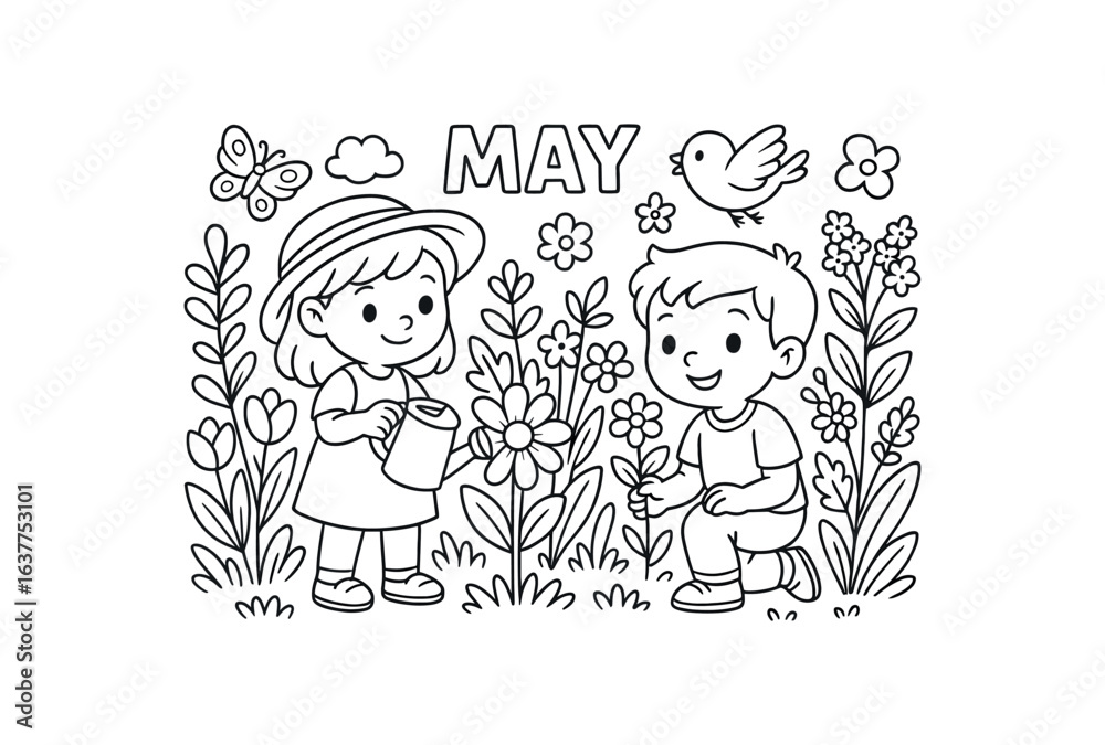 Fototapeta premium May blooming garden stroke illustration cute kids coloring book style. Fun and wholesome theme made for children