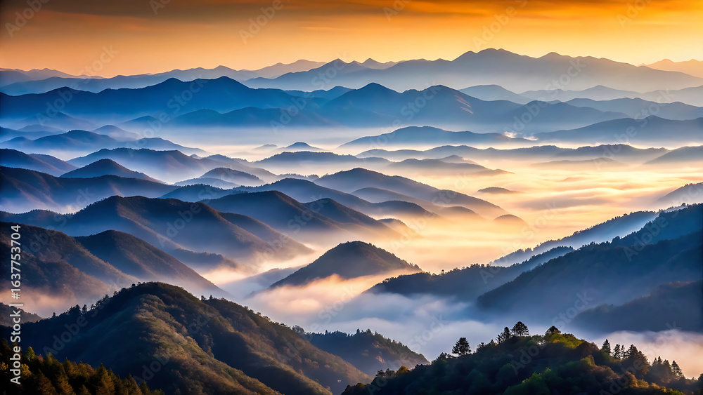 Obraz premium Endless layers of misty mountains fading into the soft horizon