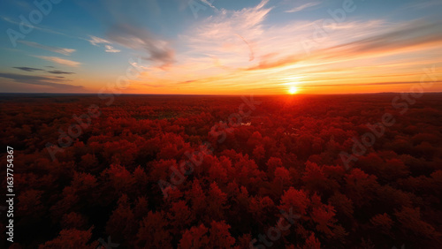 Fototapeta Naklejka Na Ścianę i Meble -  Aerial view of a vibrant red forest under a sunset sky with orange and blue hues and the sun setting on the horizon