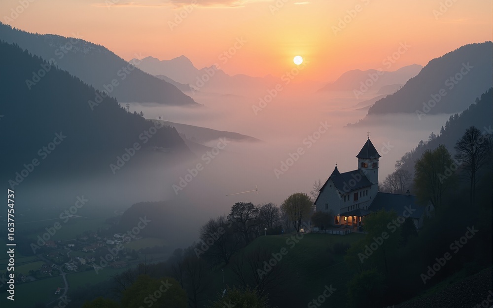 Fototapeta premium Misty Sunrise Over a Tiny Village Nestled in a Valley. High quality