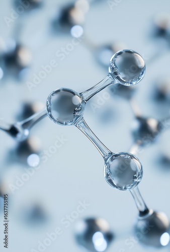 Molecular structure model with blue spheres and transparent rods. Molecule, peptide structure, biotechnology, cosmetic, nanotechnology, molecular research, chemistry, skincare, anti-aging formula