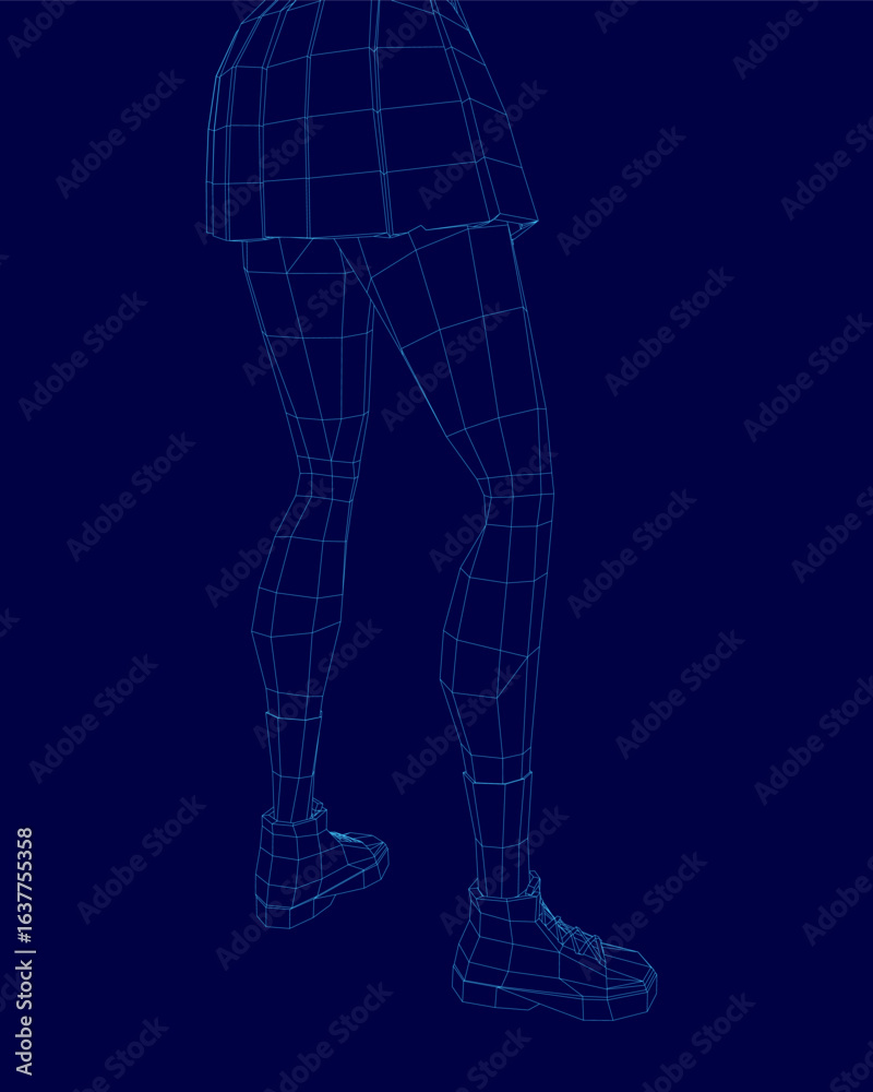 Fototapeta premium A 3D wireframe model of a college girl's legs in a skirt and shoes animates against a blue background, simulating movement. The digital rendering highlights dynamic motion with clean geometric lines.