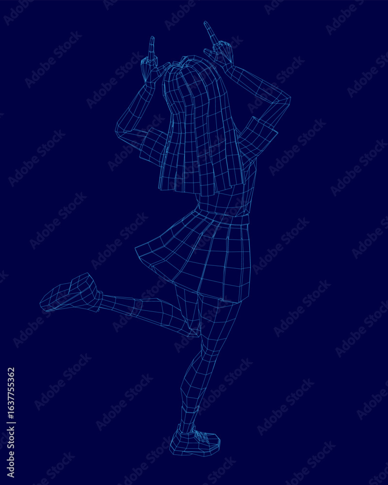Fototapeta premium A 3D wireframe of a college girl in a school uniform stands with hands on her head against a blue digital background. The geometric mesh design highlights her youthful silhouette with clean lines.