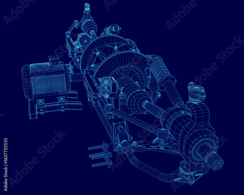 A 3D wireframe model of an electric motor displays detailed mechanical components like pistons, motor parts, and gears in a blueprint-style design. The technical illustration is presented on a clean.