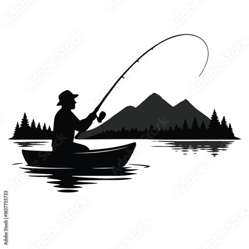 Black silhouette vector of a fisherman in a small boat casting a fishing rod on a calm lake with mountains and pine trees in background, minimal clean style, isolated on white background.