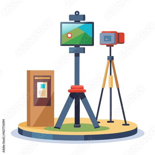 Museum Selfie Station Vector, Digital Camera Tripod and Smartphone Holder Setup
