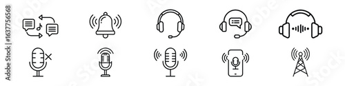 Communication, podcast, broadcasting icons pack, Communication, Audio, and Broadcasting Icons, icons set with chat, message, bell notification, microphone, podcast, headset, live broadcast