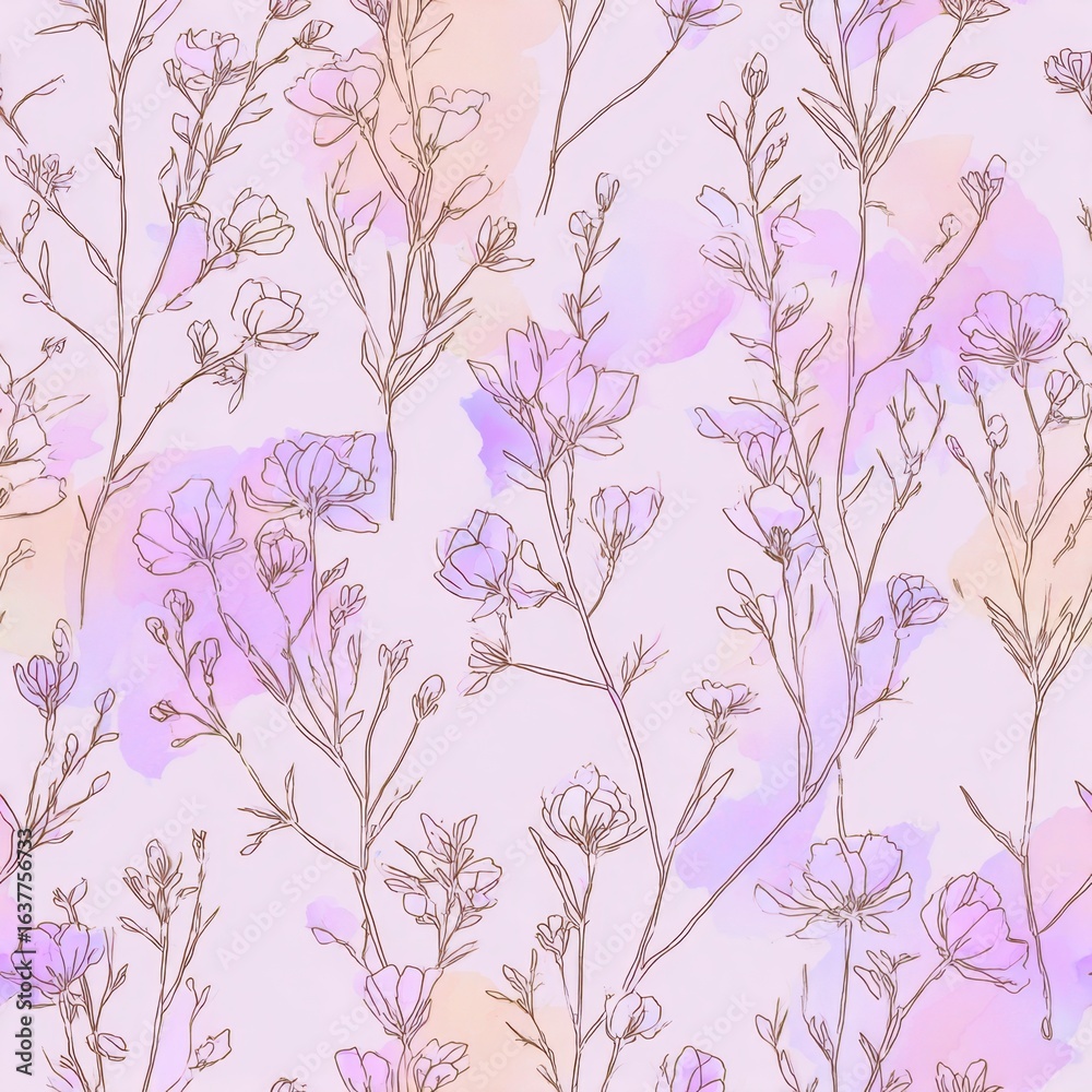 Obraz premium Botanical contour drawing of wild plants creating a seamless background texture