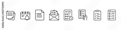 Task planning, scheduling, checklist icon, Flat outline productivity task management icons set with documents, checklist, calendar, to-do list, envelope, star rating, Task Checklist Management icon