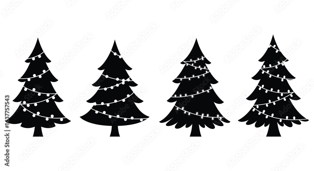 Obraz premium Four Christmas Trees Silhouettes Decorated with String Lights on a White Background