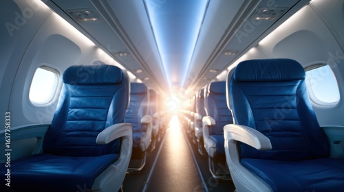 An inviting airplane interior illuminated by morning sunlight, showcasing blue leather seats and large windows that offer a glimpse of the sky outside.