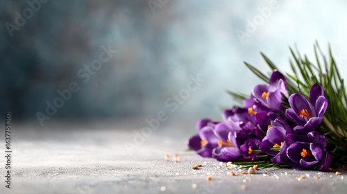 A stunning display of purple crocuses resting elegantly on a textured surface, capturing the essence of springtime beauty and renewal in nature's palette.