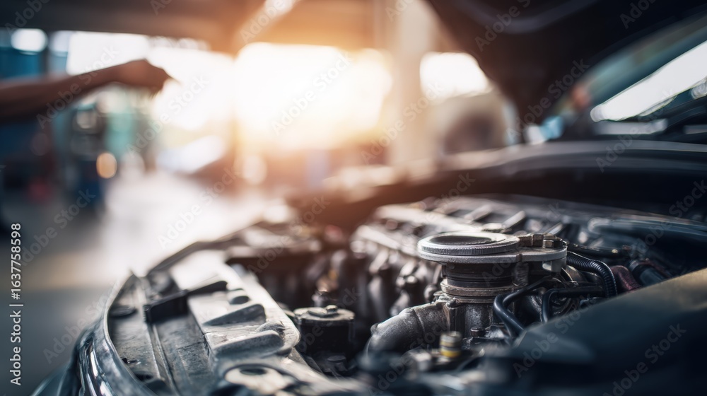 Obraz premium Car Engine Inspection and Repair in Auto Service Garage for Vehicle Maintenance and Performance