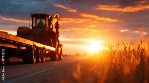 A striking scene of a tractor driving down a road surrounded by golden fields under a sunset, depicting agriculture and nature's beauty.