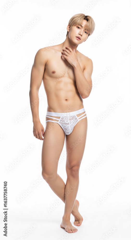 Fototapeta premium Asian male model wearing lace thong & stockings for men. Seductive and daring, perfect for intimate occasions, cosplay, or bold fashion statements.