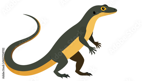A stylized illustration of a bipedal lizard with green and yellow coloring. This cartoon reptile is isolated on a white background, suitable for zoological themes.
