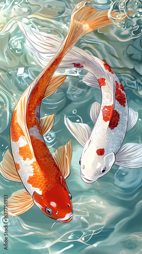 Two koi fish swimming in the clear water, one orange and white patterned carp with an extra-long tail, one silver-white fish with red dots on its body. Exquisite watercolor painting, Japanese art.