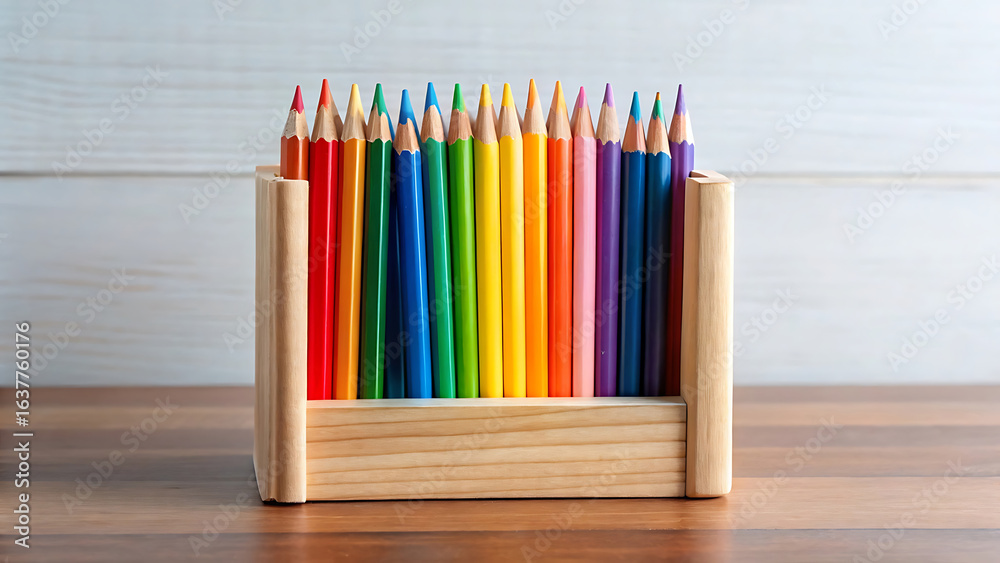 Obraz premium Rainbow Colored Pencils In A Minimalist Wooden Holder