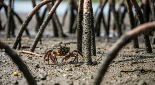 Close-up of a Mangrove Crab in its Natural Habitat, Roots and Mudflat