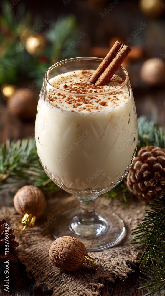 A glass of eggnog with cinnamon stick and nutmeg on top surrounded by christmas decorations A glass of eggnog with cinnamon stick and nutmeg on top surrounded by christmas decorations