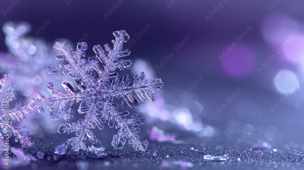 Fototapeta premium Detailed Macro Photograph of a Single Snowflake on a Cool Blue and Purple Background